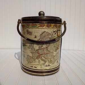 MCM Old World Map Ice Bucket with Handle Shelton Ware Vintage 1970s Barware